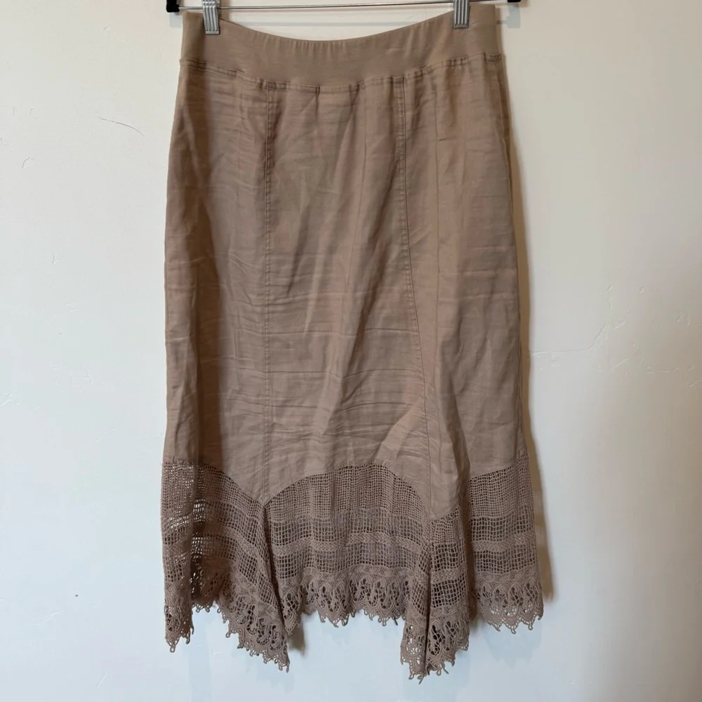 Chico's Tan Midi Skirt with Lace Hem Womens Size Medium 1 Cotton Boho Beachy